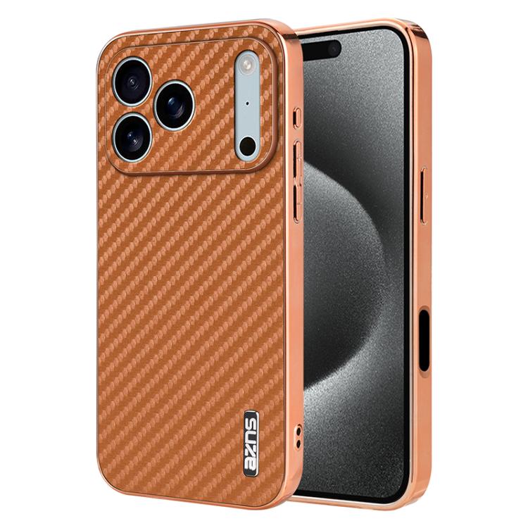 For iPhone 17 Pro Max AZNS Electroplated Edge Carbon Fiber Texture Phone Case(Brown)