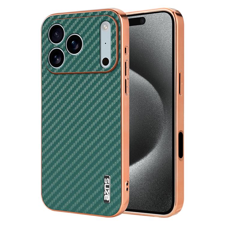 For iPhone 17 Pro Max AZNS Electroplated Edge Carbon Fiber Texture Phone Case(Green)