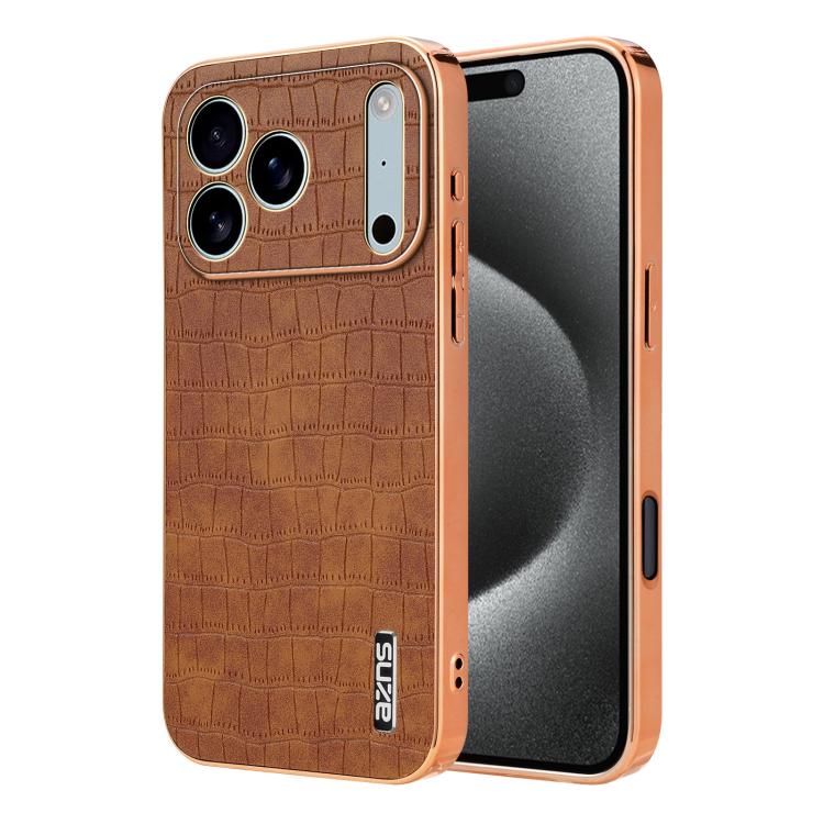 For iPhone 17 Pro Max AZNS Electroplated Frame Crocodile Texture Full Coverage Phone Case(Brown)