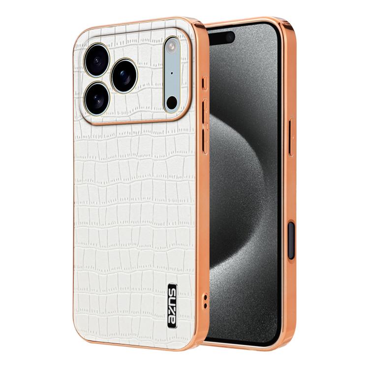 For iPhone 17 Pro Max AZNS Electroplated Frame Crocodile Texture Full Coverage Phone Case(White)