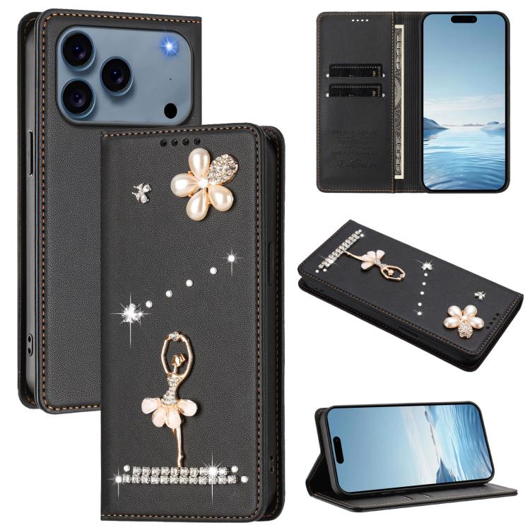 For iPhone 17 Pro Max Ballet Girl Diamond Studded RFID Vegan Leather Phone Case(Black)