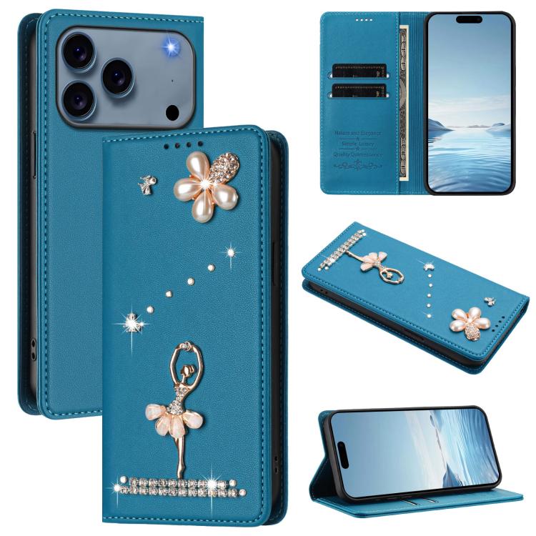 For iPhone 17 Pro Max Ballet Girl Diamond Studded RFID Vegan Leather Phone Case(Lake Blue)