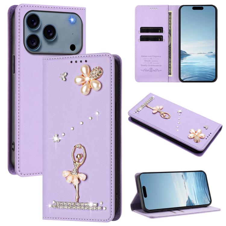 For iPhone 17 Pro Max Ballet Girl Diamond Studded RFID Vegan Leather Phone Case(Light Purple)