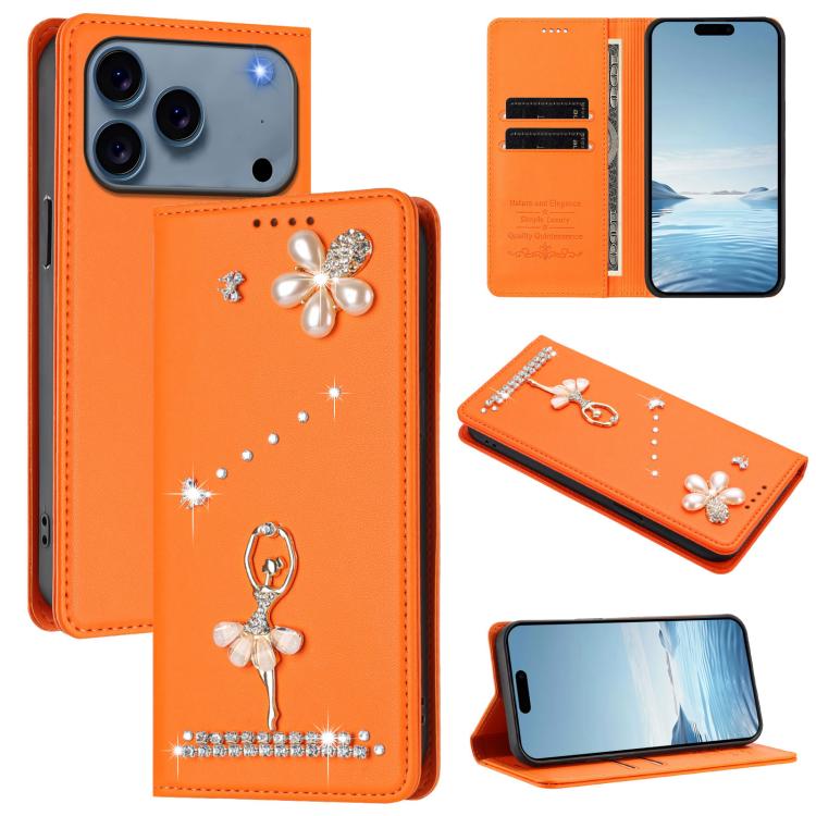 For iPhone 17 Pro Max Ballet Girl Diamond Studded RFID Vegan Leather Phone Case(Orange)