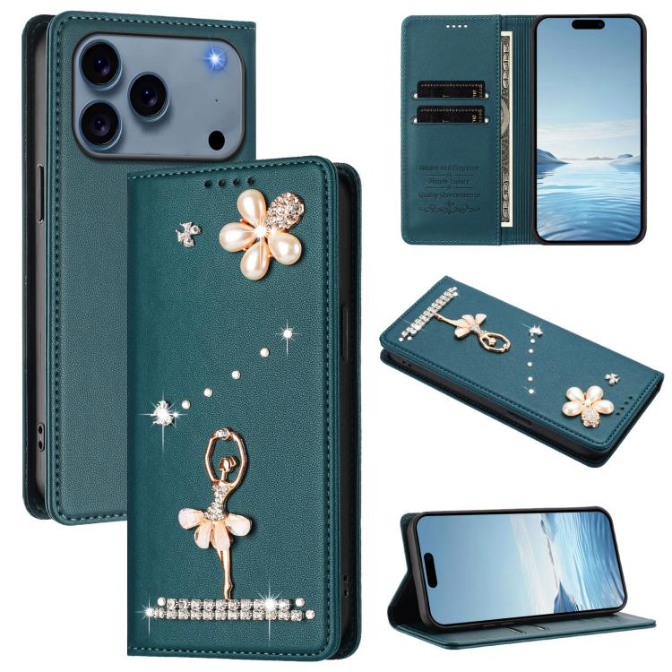 For iPhone 17 Pro Max Ballet Girl Diamond Studded RFID Vegan Leather Phone Case(Peacock Green)