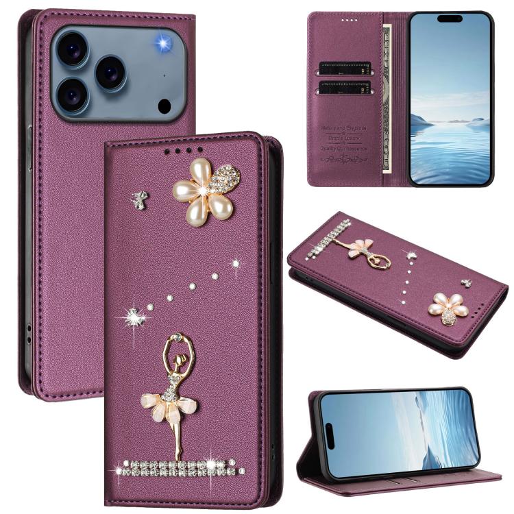 For iPhone 17 Pro Max Ballet Girl Diamond Studded RFID Vegan Leather Phone Case(Violet)