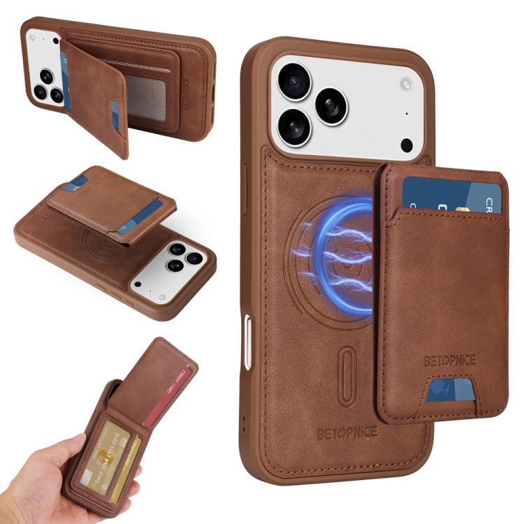 For iPhone 17 Pro Max BETOPNICE Vertical Flip Detachable MagSafe Wallet Phone Case(Brown)