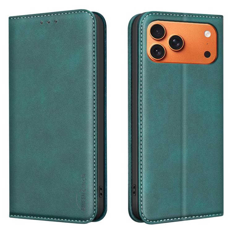 For iPhone 17 Pro Max BINFEN COLOR Calfskin Texture Magnetic RFID Vegan Leather Phone Case(Green)