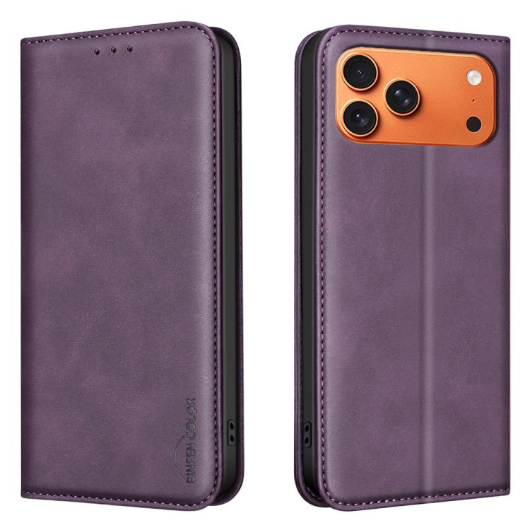 For iPhone 17 Pro Max BINFEN COLOR Calfskin Texture Magnetic RFID Vegan Leather Phone Case(Purple)