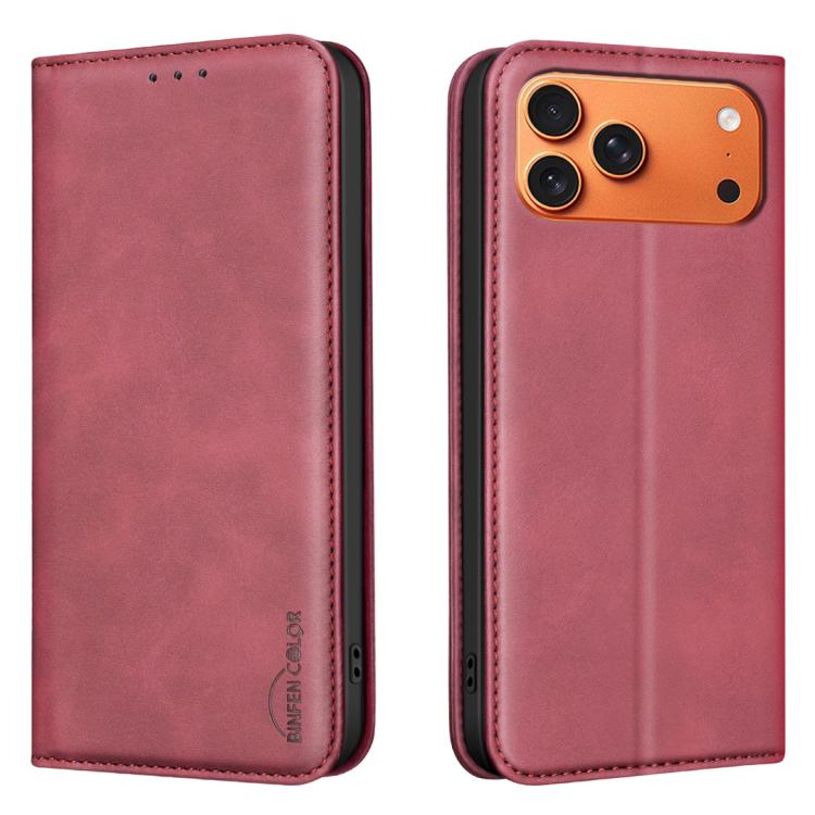 For iPhone 17 Pro Max BINFEN COLOR Calfskin Texture Magnetic RFID Vegan Leather Phone Case(Red)