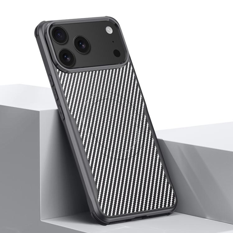 For iPhone 17 Pro Max Blade-Style Carbon Fiber Texture Magnetic Skin-Feel Phone Case(Silver Gray)