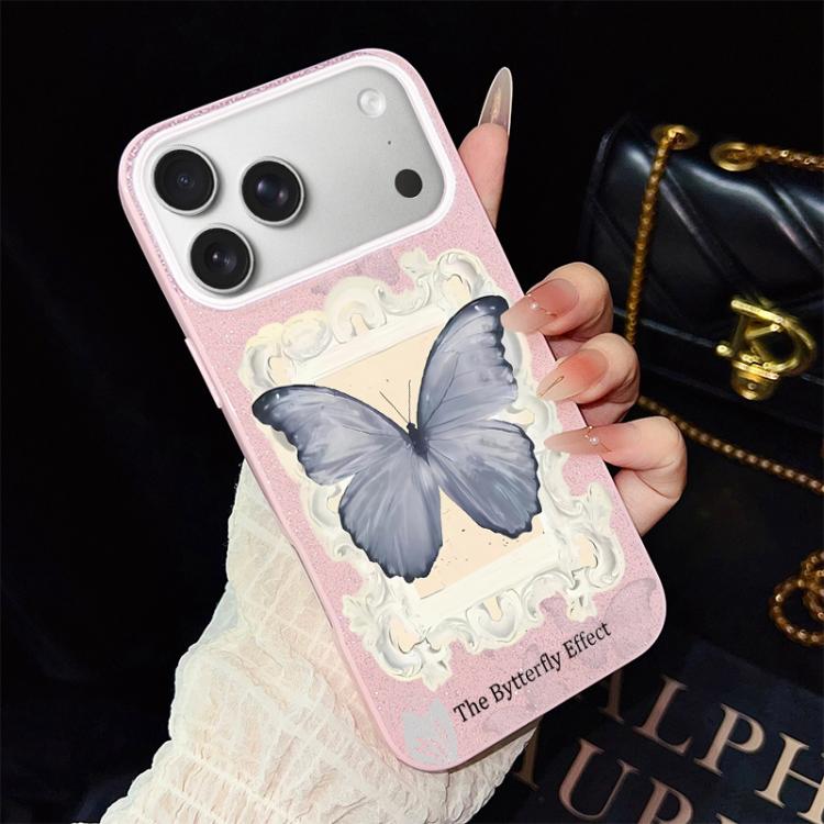For iPhone 17 Pro Max Blue Butterfly Pattern IMD Glitter PC Hybrid TPU Phone Case(Pink)