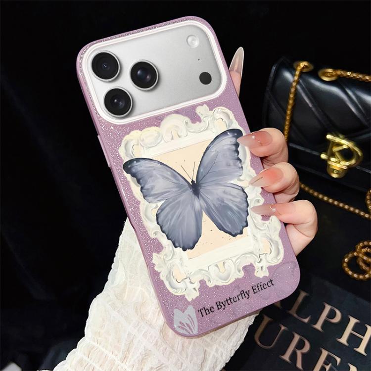 For iPhone 17 Pro Max Blue Butterfly Pattern IMD Glitter PC Hybrid TPU Phone Case(Purple)