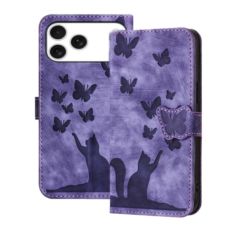 For iPhone 17 Pro Max Butterfly Cat Embossing Flip Leather Phone Case(Purple)