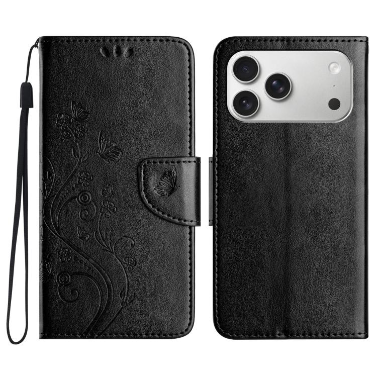 For iPhone 17 Pro Max Butterfly Flower Pattern Flip Leather Phone Case(Black)