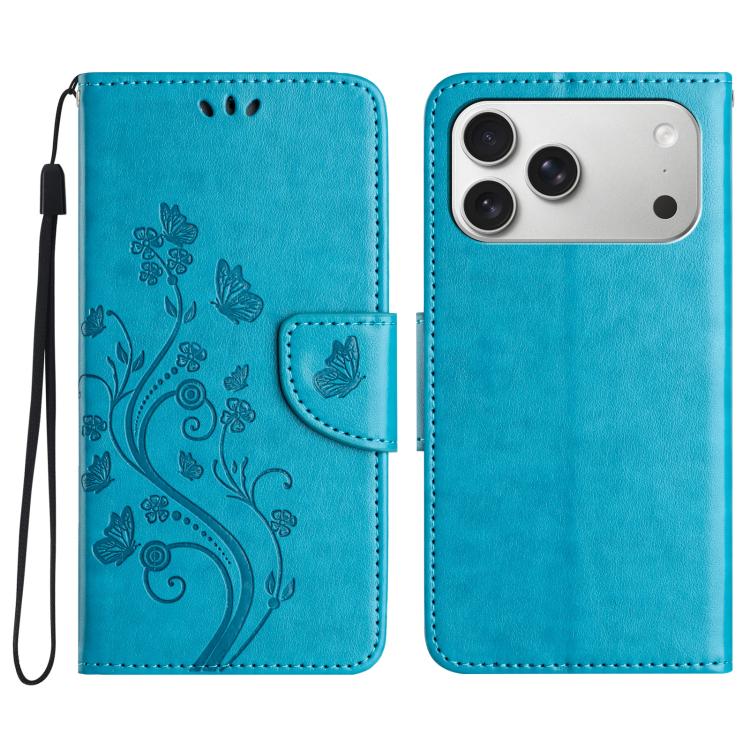 For iPhone 17 Pro Max Butterfly Flower Pattern Flip Leather Phone Case(Blue)