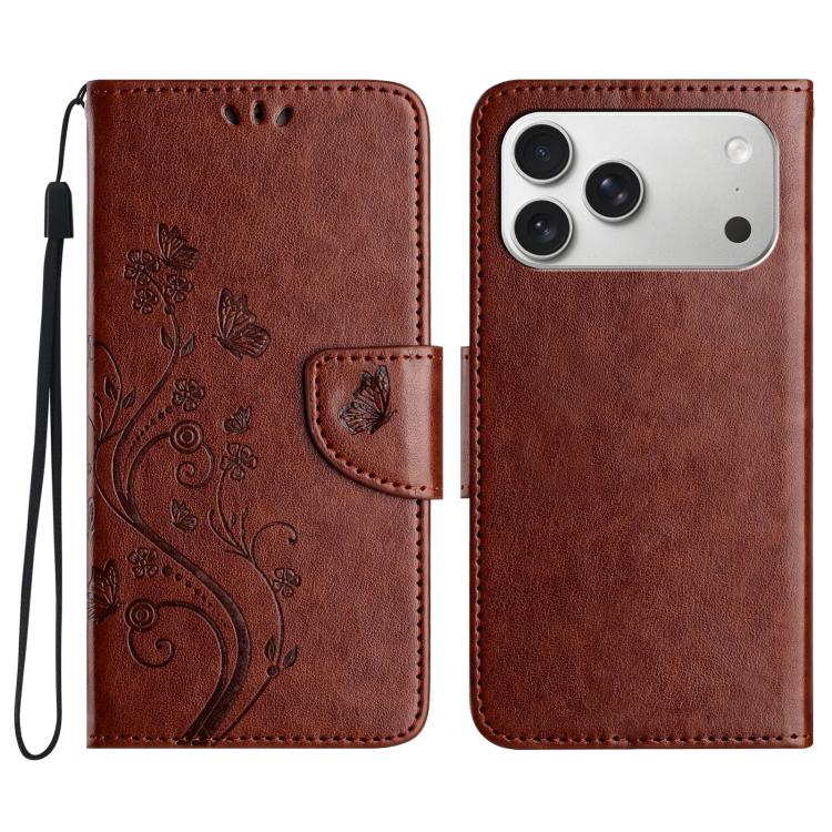For iPhone 17 Pro Max Butterfly Flower Pattern Flip Leather Phone Case(Brown)