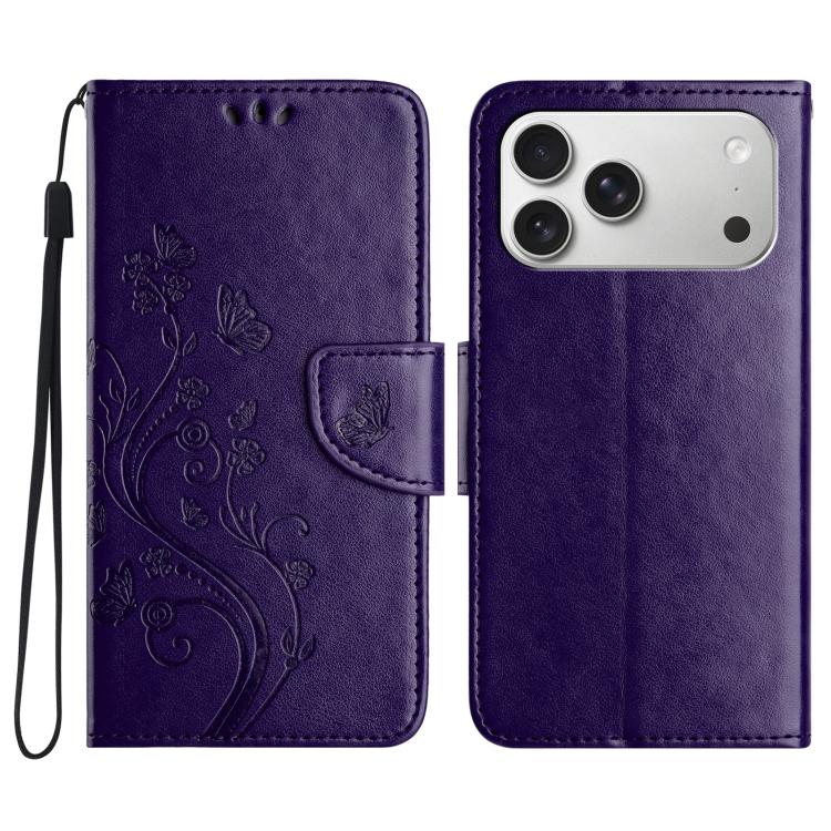 For iPhone 17 Pro Max Butterfly Flower Pattern Flip Leather Phone Case(Dark Purple)