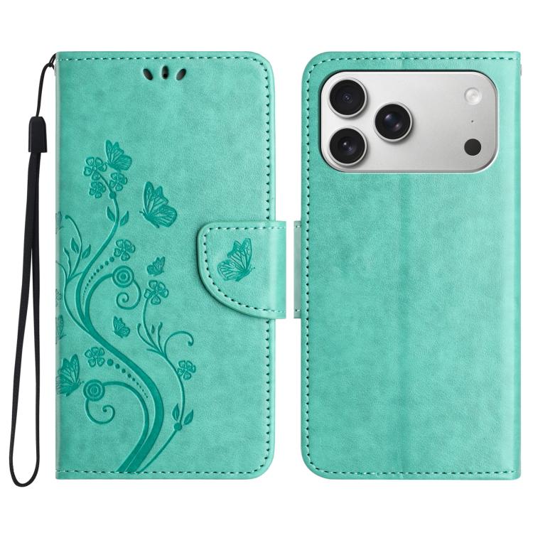 For iPhone 17 Pro Max Butterfly Flower Pattern Flip Leather Phone Case(Green)