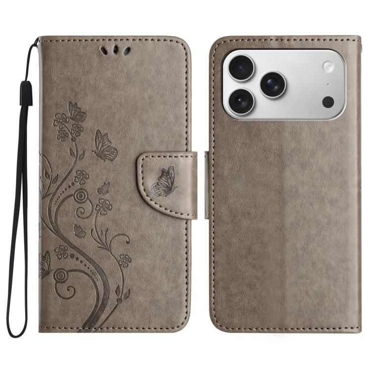 For iPhone 17 Pro Max Butterfly Flower Pattern Flip Leather Phone Case(Grey)