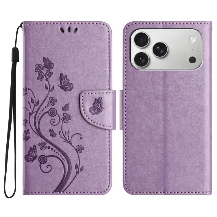 For iPhone 17 Pro Max Butterfly Flower Pattern Flip Leather Phone Case(Light Purple)