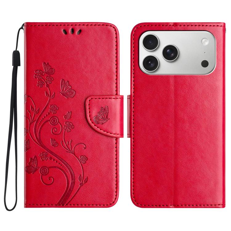 For iPhone 17 Pro Max Butterfly Flower Pattern Flip Leather Phone Case(Red)