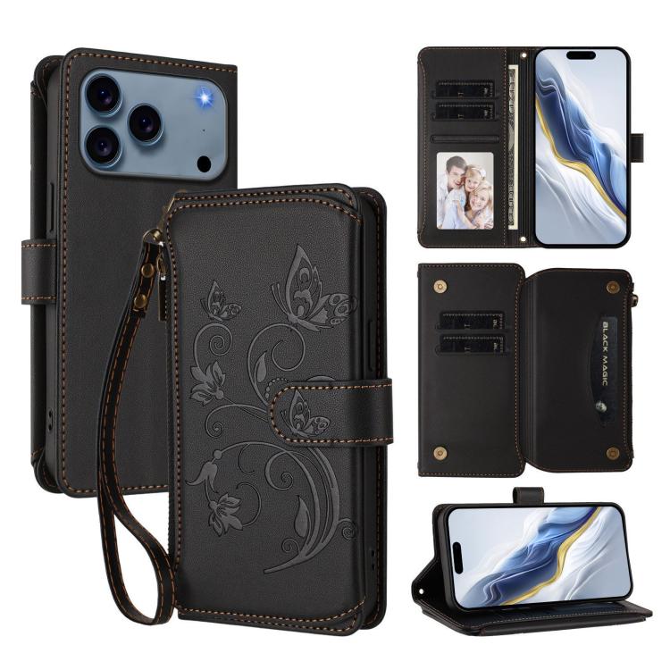For iPhone 17 Pro Max Butterfly Love Flower Multi-card Zipper Wallet Leather Phone Case(Black)