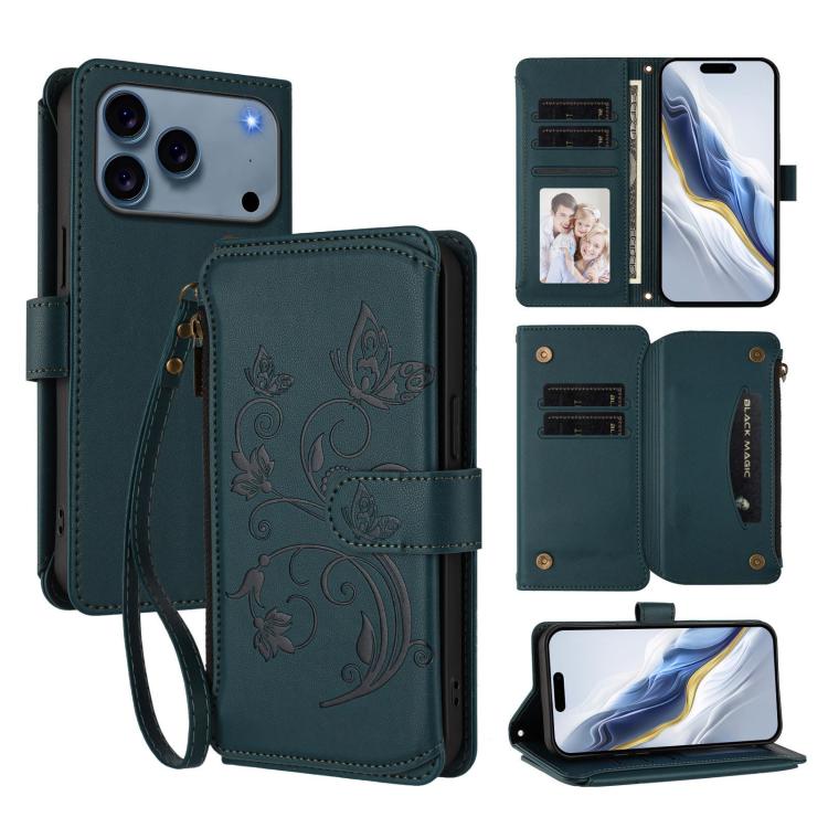 For iPhone 17 Pro Max Butterfly Love Flower Multi-card Zipper Wallet Leather Phone Case(Dark Green)
