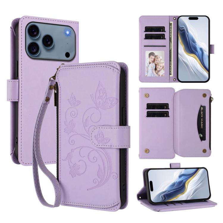 For iPhone 17 Pro Max Butterfly Love Flower Multi-card Zipper Wallet Leather Phone Case(Light Purple)