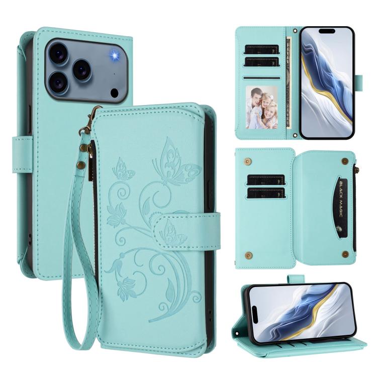 For iPhone 17 Pro Max Butterfly Love Flower Multi-card Zipper Wallet Leather Phone Case(Mint Green)