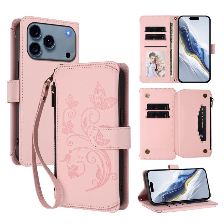 For iPhone 17 Pro Max Butterfly Love Flower Multi-card Zipper Wallet Leather Phone Case(Pink)