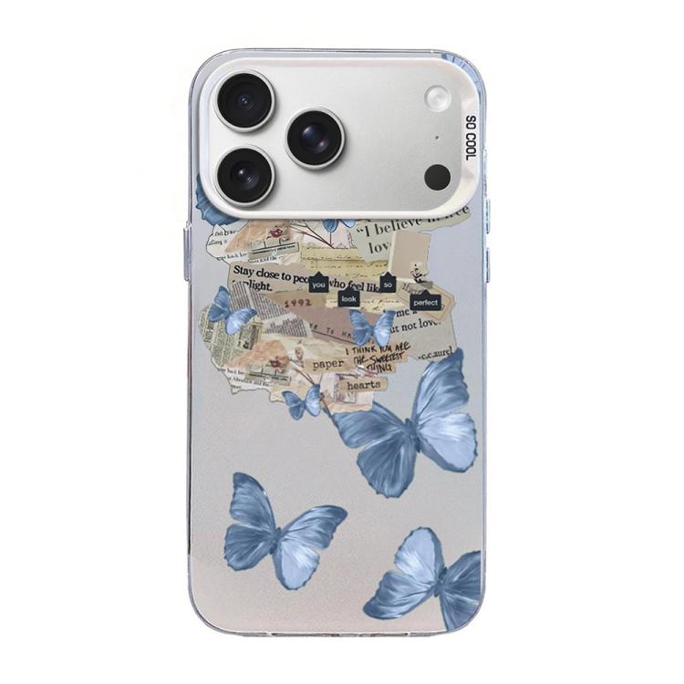 For iPhone 17 Pro Max Butterfly Pattern Silver Plating PC Hybrid TPU Phone Case(Retro Blue)
