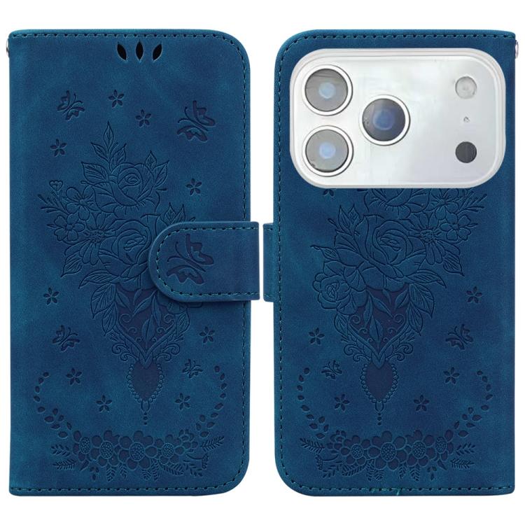 For iPhone 17 Pro Max Butterfly Rose Embossed Leather Phone Case(Blue)