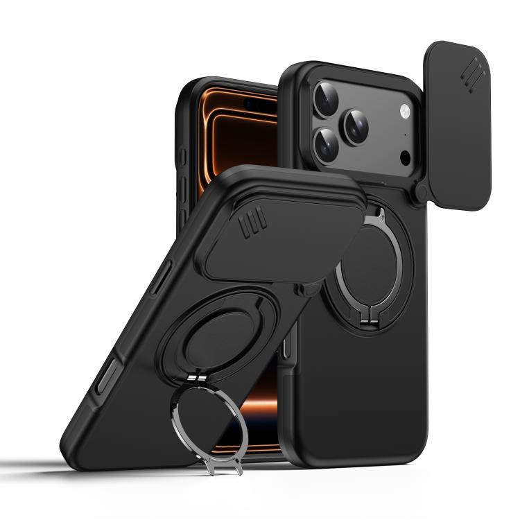 For iPhone 17 Pro Max Camera Sliding Shield Magnetic Rotation Holder Phone Case(Black)