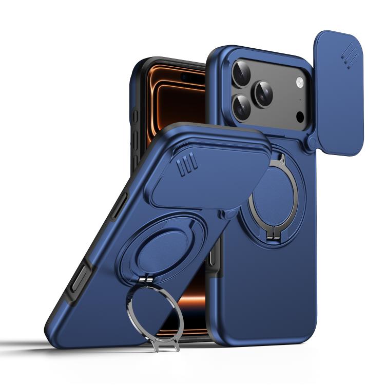For iPhone 17 Pro Max Camera Sliding Shield Magnetic Rotation Holder Phone Case(Blue)
