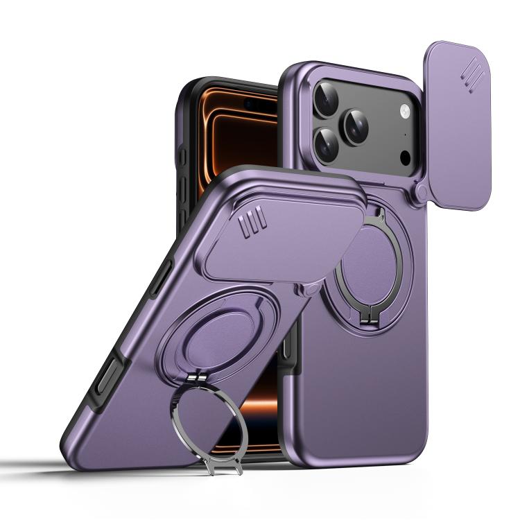 For iPhone 17 Pro Max Camera Sliding Shield Magnetic Rotation Holder Phone Case(Purple)
