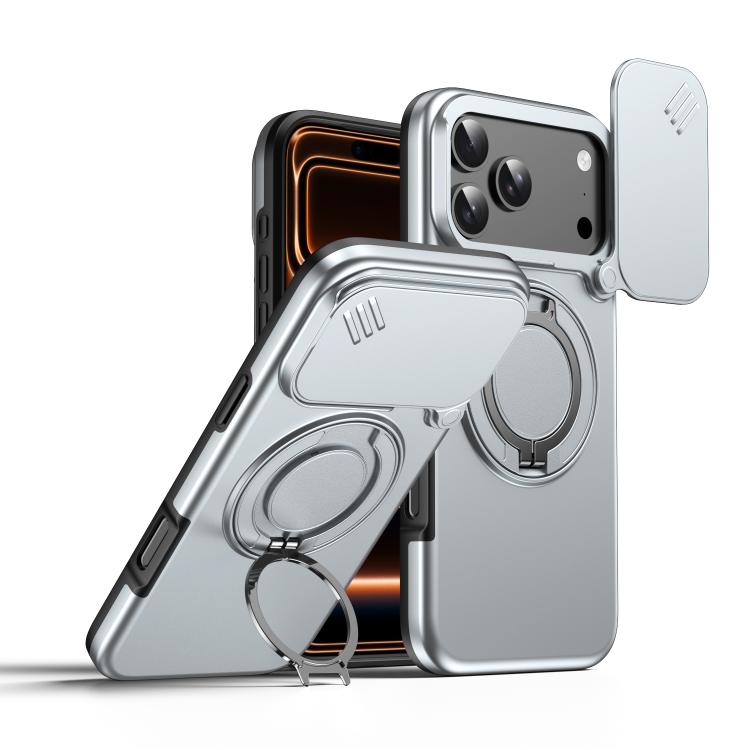For iPhone 17 Pro Max Camera Sliding Shield Magnetic Rotation Holder Phone Case(Silver)