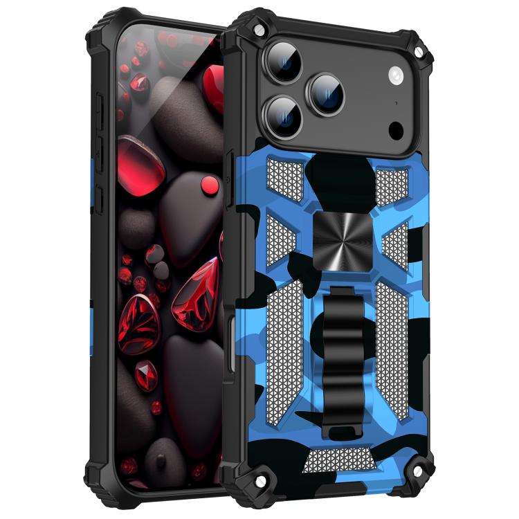 For iPhone 17 Pro Max Camouflage Armor Kickstand TPU + PC Magnetic Phone Case(Blue)