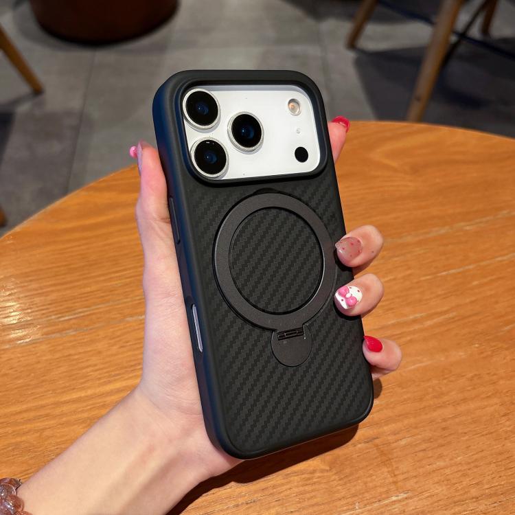 For iPhone 17 Pro Max Carbon Fiber MagSafe 360 Degree Rotating Holder Phone Case(Black)