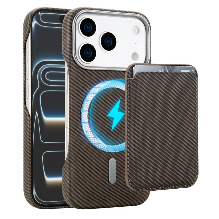 For iPhone 17 Pro Max Carbon Fiber MagSafe Magnetic Card Holder Phone Case(Brown)