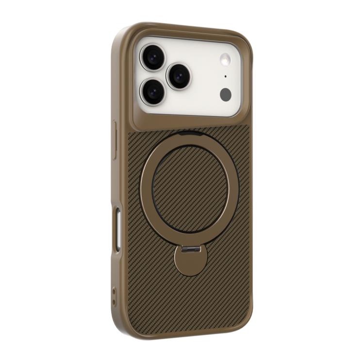 For iPhone 17 Pro Max Carbon Fiber Texture 360 MagSafe Holder Phone Case(Desert Gold)