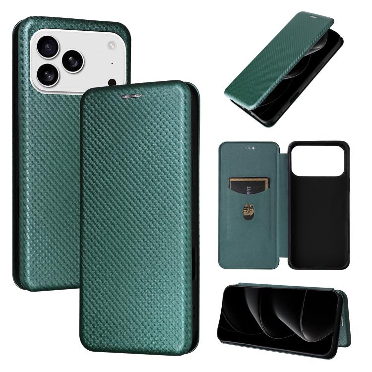 For iPhone 17 Pro Max Carbon Fiber Texture Flip Leather Phone Case(Green)