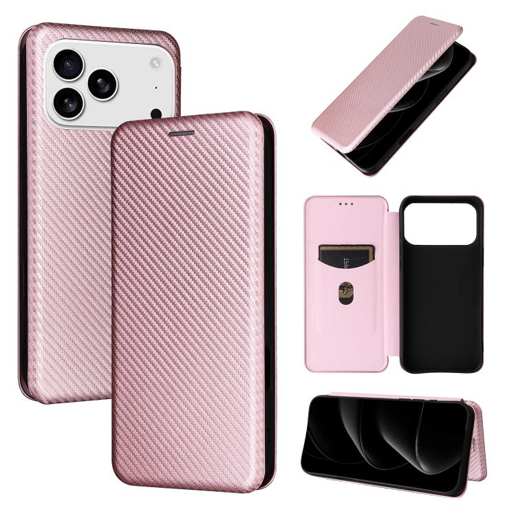 For iPhone 17 Pro Max Carbon Fiber Texture Flip Leather Phone Case(Pink)