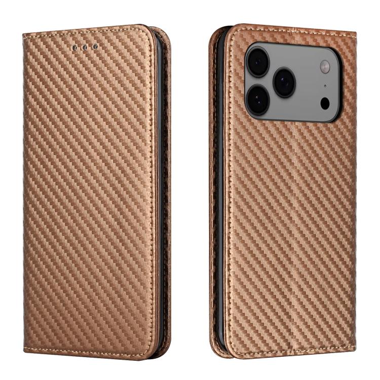 For iPhone 17 Pro Max Carbon Fiber Texture Magnetic Flip Leather Phone Case(Brown)