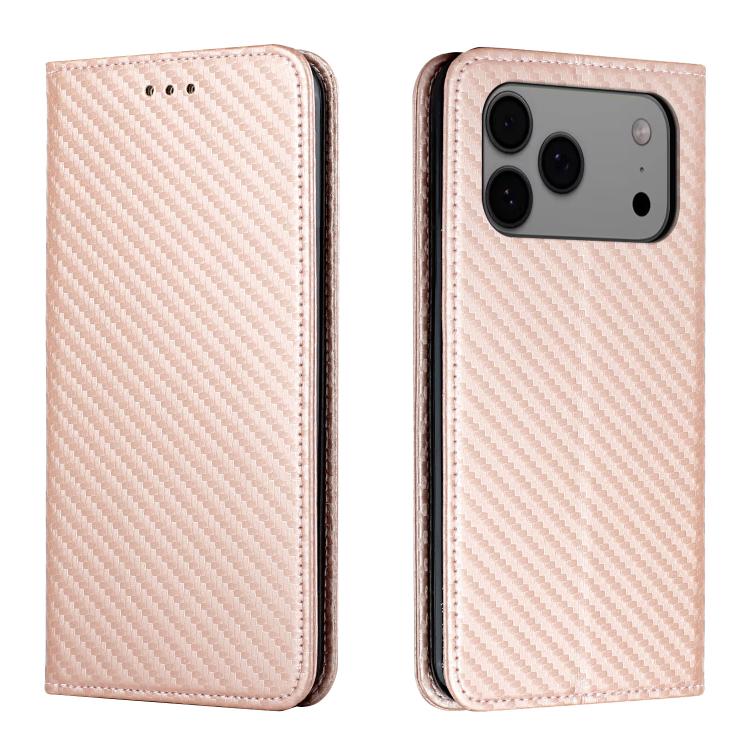 For iPhone 17 Pro Max Carbon Fiber Texture Magnetic Flip Leather Phone Case(Rose Gold)