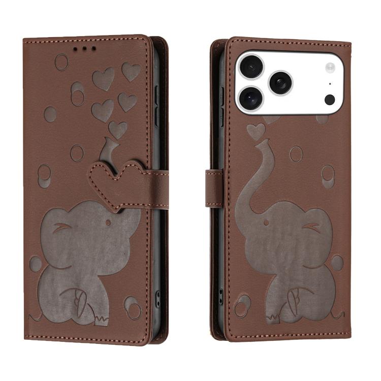 For iPhone 17 Pro Max Cartoon Elephant Embossed Leather Phone Case(Brown)