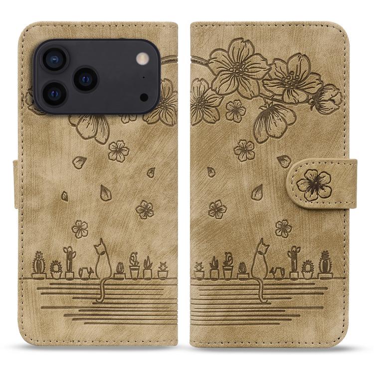 For iPhone 17 Pro Max Cartoon Sakura Cat Embossed Leather Phone Case(Brown)