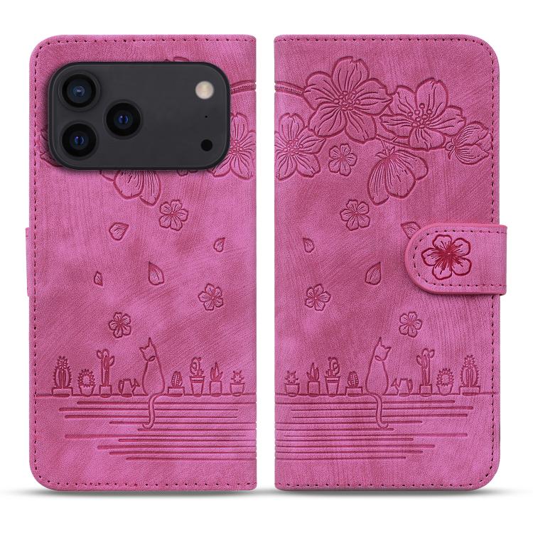 For iPhone 17 Pro Max Cartoon Sakura Cat Embossed Leather Phone Case(Rose Red)