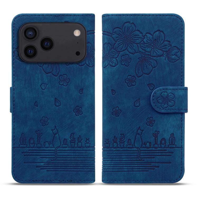 For iPhone 17 Pro Max Cartoon Sakura Cat Embossed Leather Phone Case(Royal Blue)