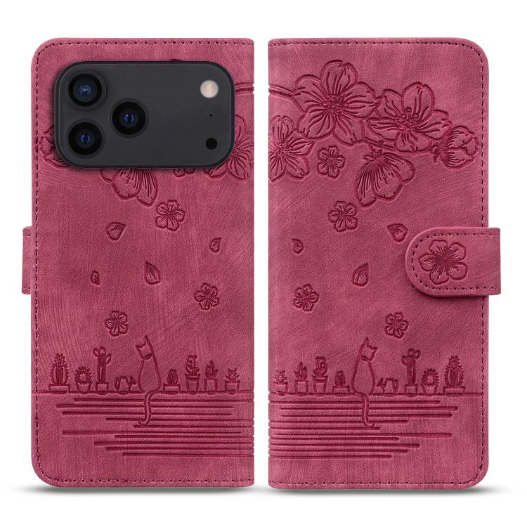 For iPhone 17 Pro Max Cartoon Sakura Cat Embossed Leather Phone Case(Wine Red)